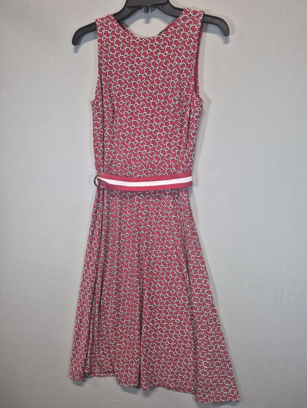 Lauren Ralph Lauren Women's Size 4 Red Chain Print Sleeveless Belted Midi Dress